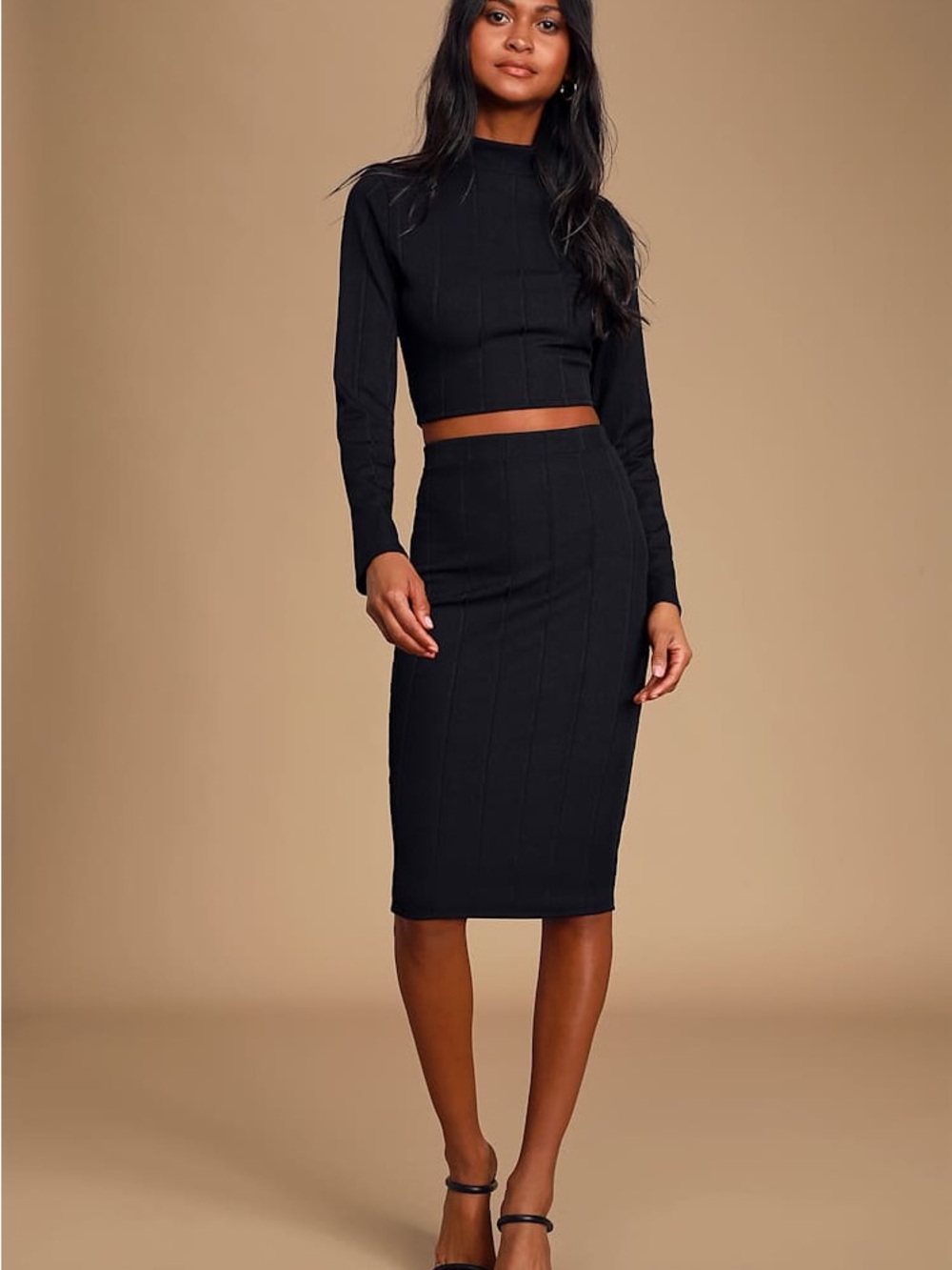 Lulu's Black Ribbed Knit Midi Pencil Skirt Set “My Way” Medium NWT